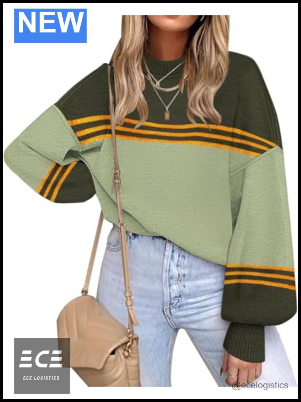 Womens Oversized Striped Knit Pullover Sweater Long Sleeve Crewneck
